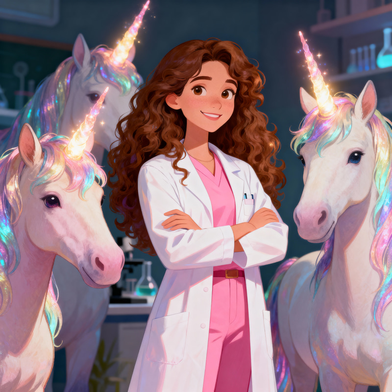 Female Science Teacher Surrounded by Unicorns