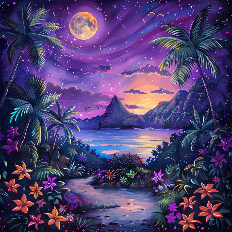 Tropical Paradise Under Full Moon - Fantasy Digital Art Tropical Paradise Under Full Moon - Fantasy Digital Art