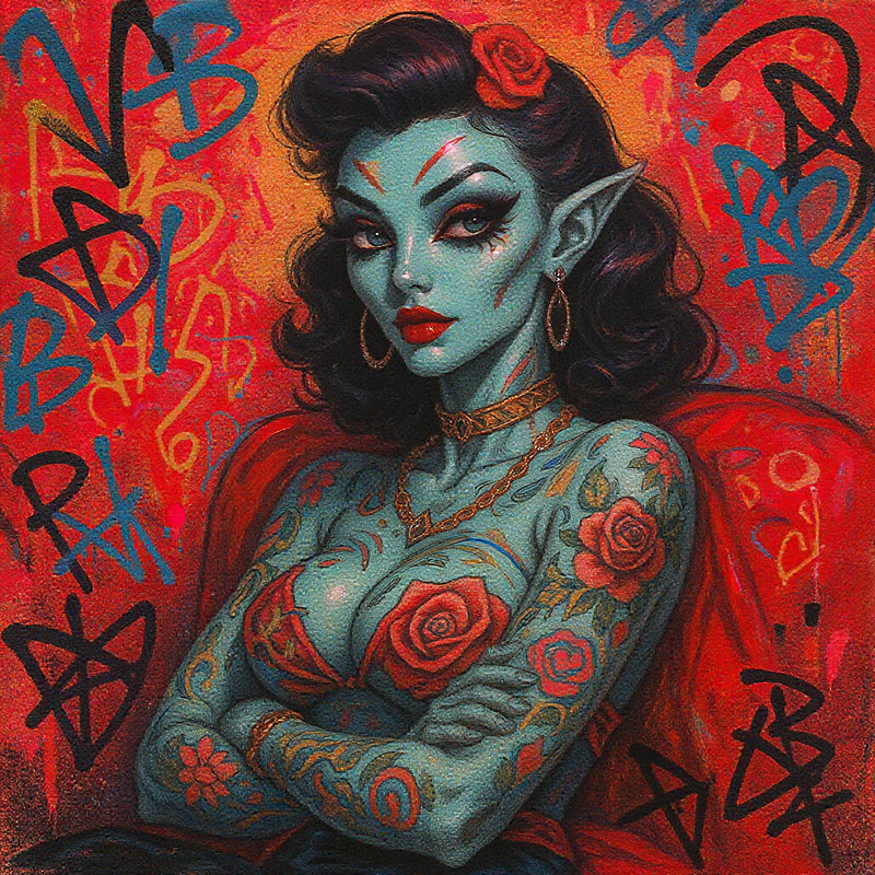 Vibrant Alien Humanoid Pin-Up Graffiti Art