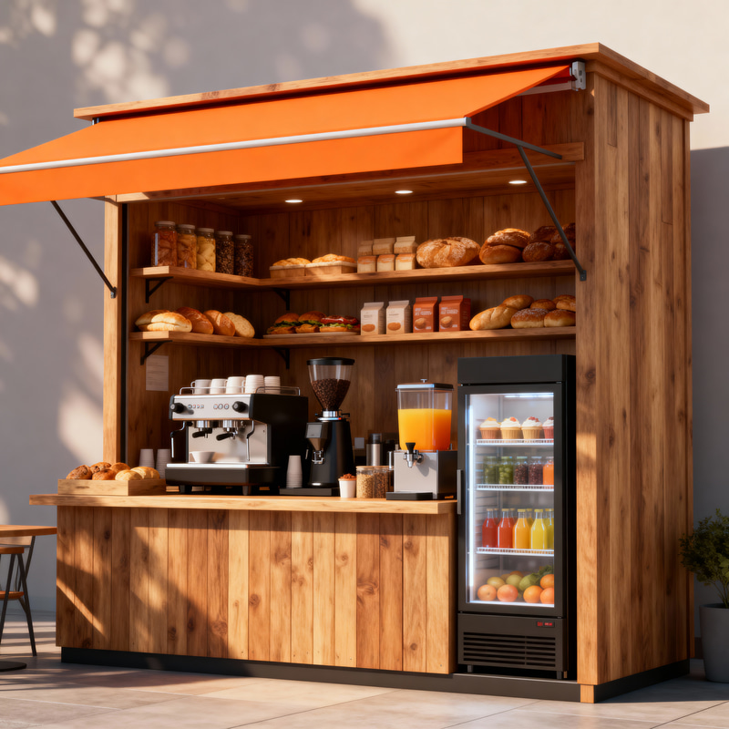 Realistic 3D Render of a Cozy Wooden Food Kiosk Realistic 3D Render of a Cozy Wooden Food Kiosk