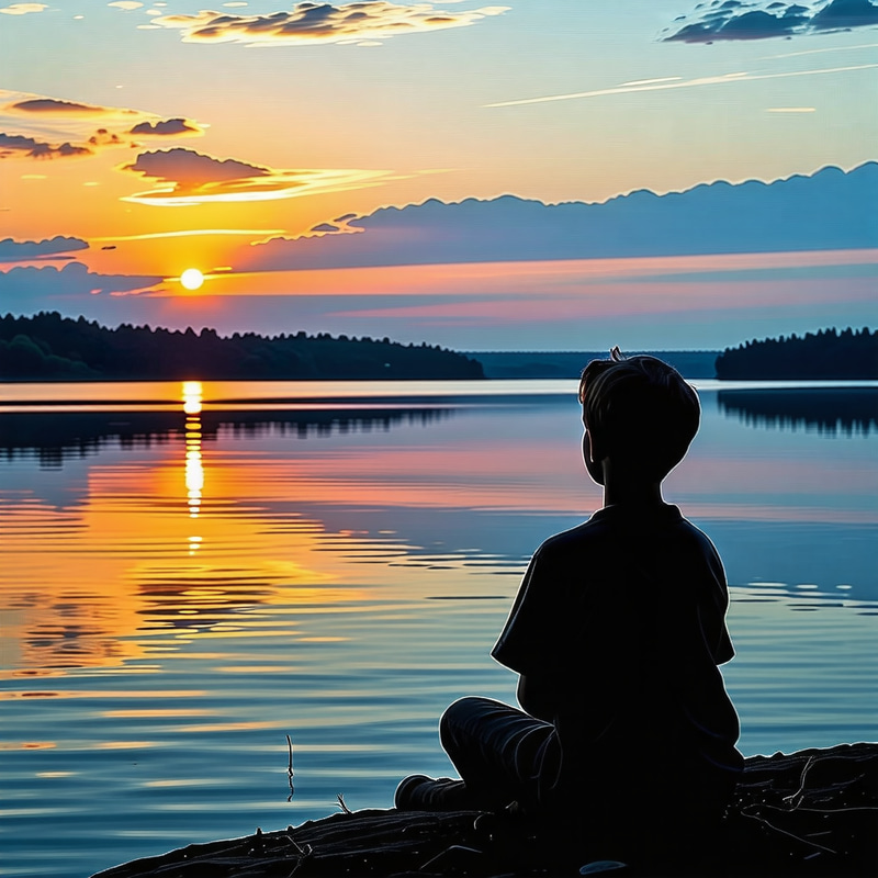 Peaceful Reflection: Boy Contemplating Sunset by the Lake Peaceful Reflection: Boy Contemplating Sunset by the Lake