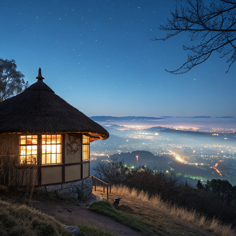 Night View of a Hilltop Hut Overlooking the City