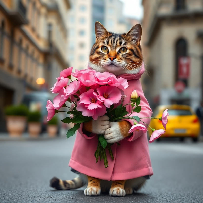 Stylish Tabby Cat in Pink Coat with Flowers Stylish Tabby Cat in Pink Coat with Flowers