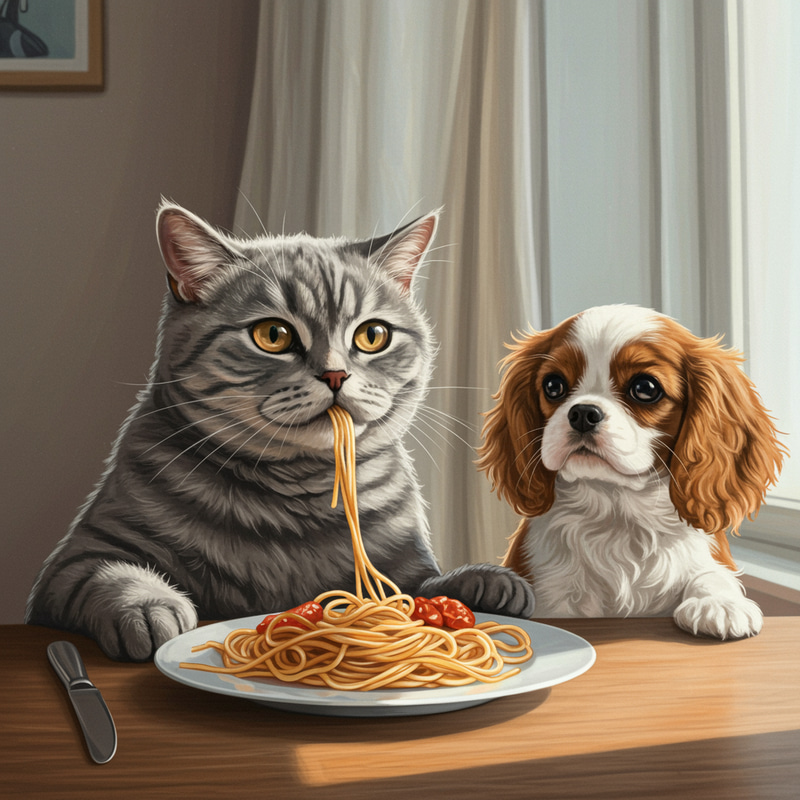 Cute Cat and Puppy Share Spaghetti in Morning Light Cute Cat and Puppy Share Spaghetti in Morning Light