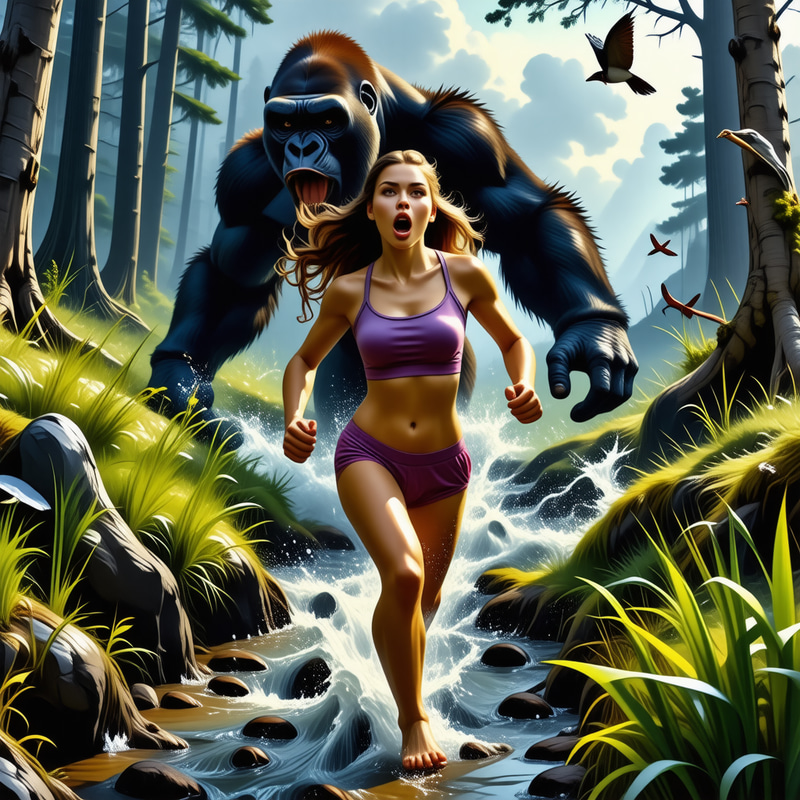 Girl Chased by Gorilla in Whimsical Forest Scene Girl Chased by Gorilla in Whimsical Forest Scene