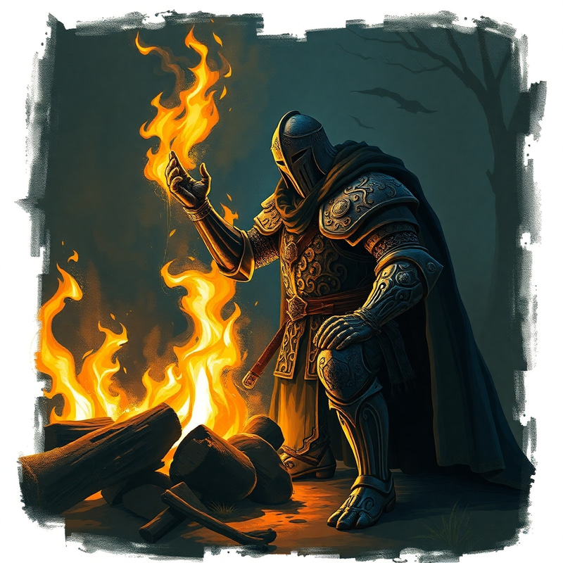 Ancient Knight by a Roaring Campfire - Art Nouveau Ancient Knight by a Roaring Campfire - Art Nouveau