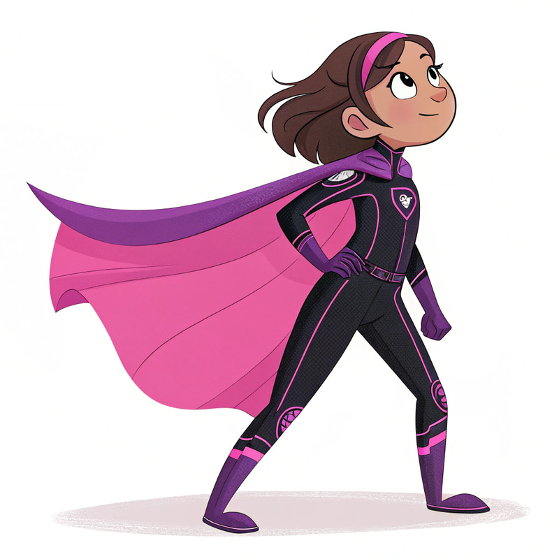 Young Girl Superhero: Black Suit with Pink & Purple Details Young Girl Superhero: Black Suit with Pink & Purple Details