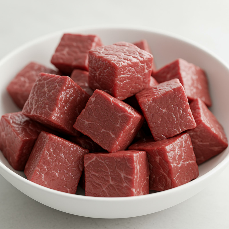 Delicious Beef Cube Cuts in White Bowl Delicious Beef Cube Cuts in White Bowl