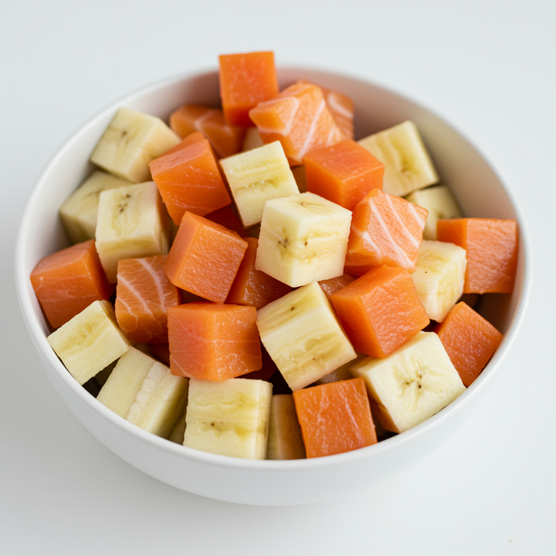 Colorful Cube Cuts of Food in a White Bowl Colorful Cube Cuts of Food in a White Bowl