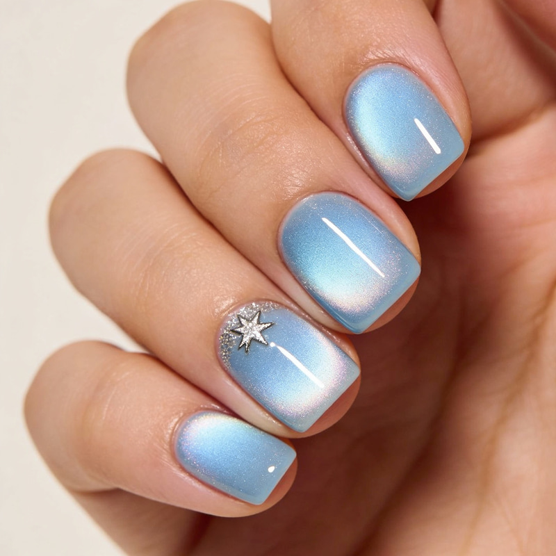 Beautiful Rounded Square Cat Eye Nails in Light Blue