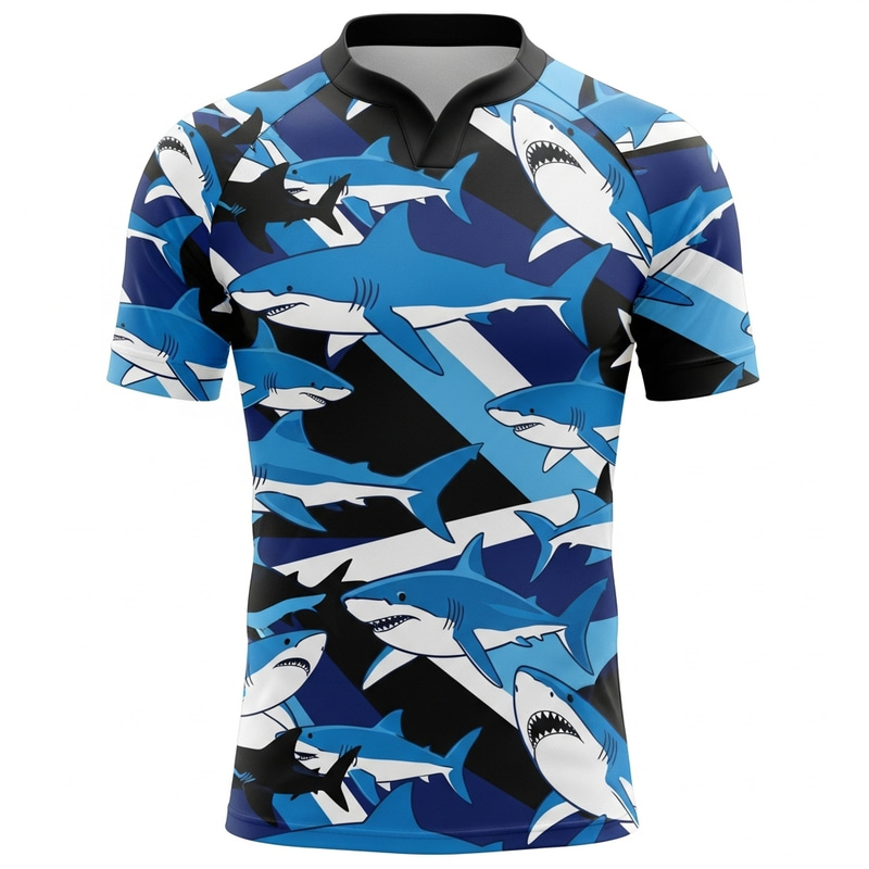 Blue Black Shark Pattern Rugby Jersey