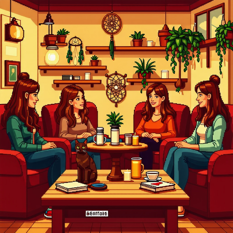 Cozy Pixel Art Café Scene with Women and Cat Cozy Pixel Art Café Scene with Women and Cat