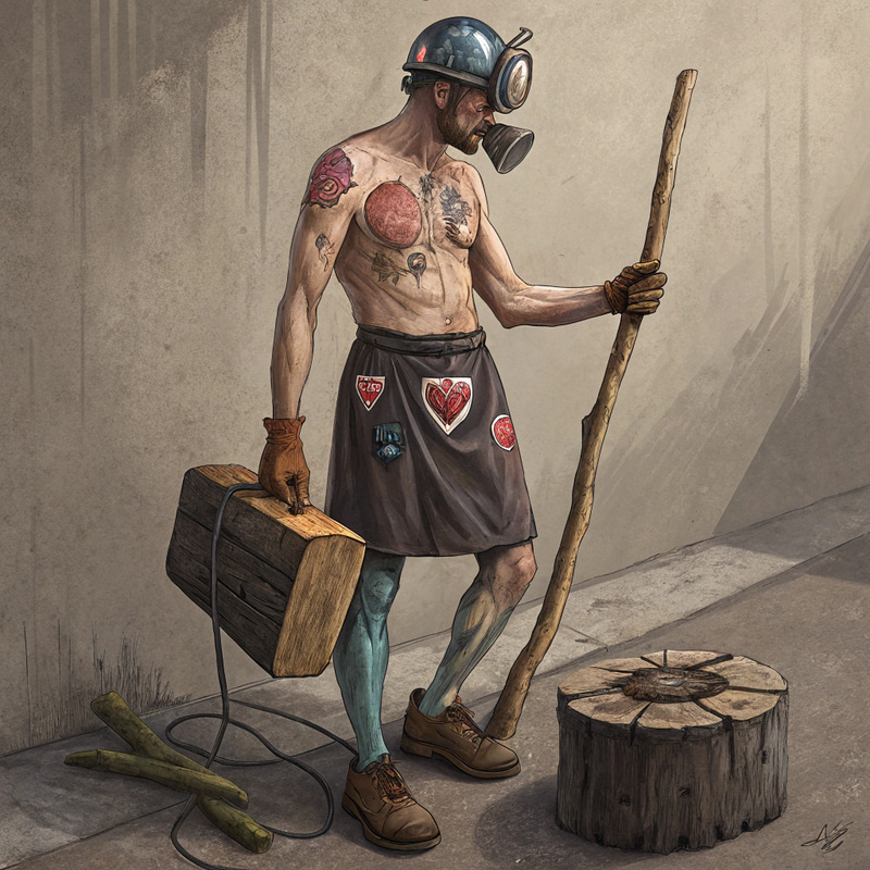 Man in Concrete with Welding Helmet and Paint Brush Man in Concrete with Welding Helmet and Paint Brush