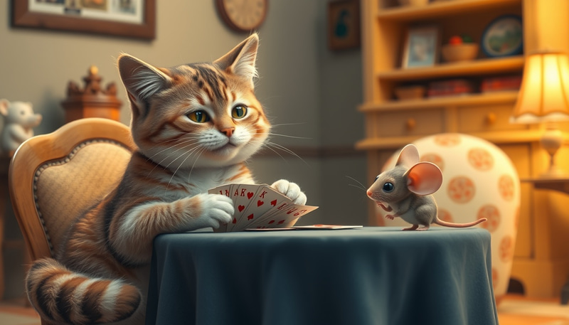 Whimsical Cat and Mouse Card Game Scene Whimsical Cat and Mouse Card Game Scene