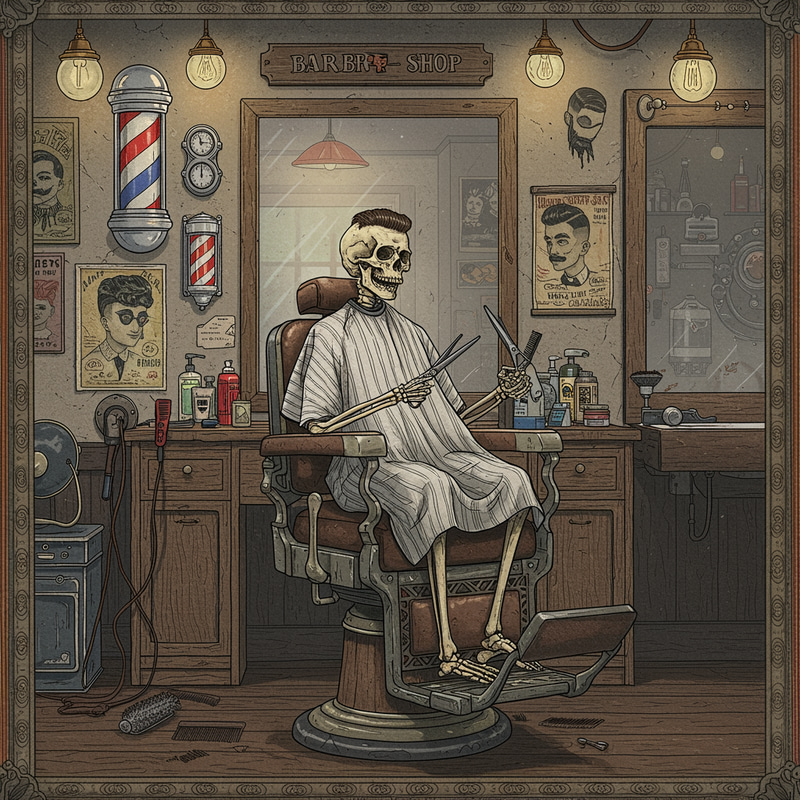 Skeleton in Barber Chair - Detailed Artwork Skeleton in Barber Chair - Detailed Artwork