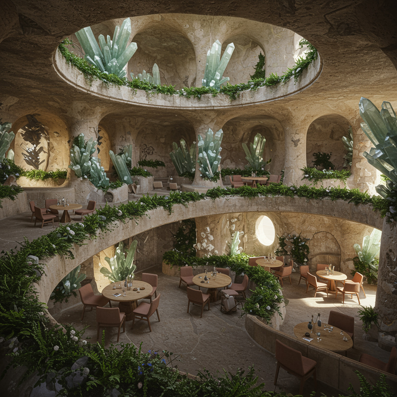 Tectonic Café Design with Lush Vegetation Tectonic Café Design with Lush Vegetation