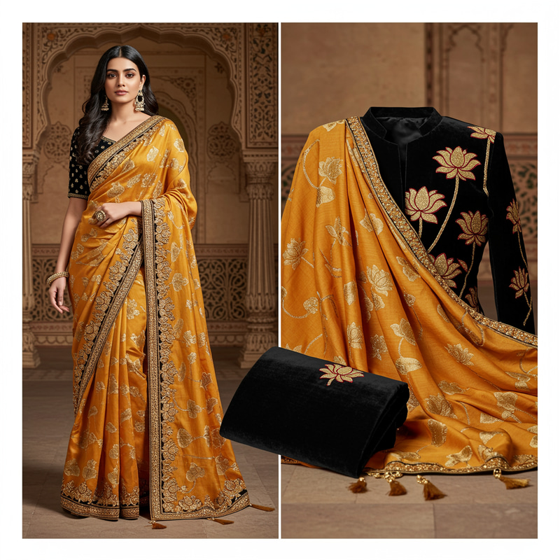 Luxury Saari with Lotus Embroidered Jacket Luxury Saari with Lotus Embroidered Jacket