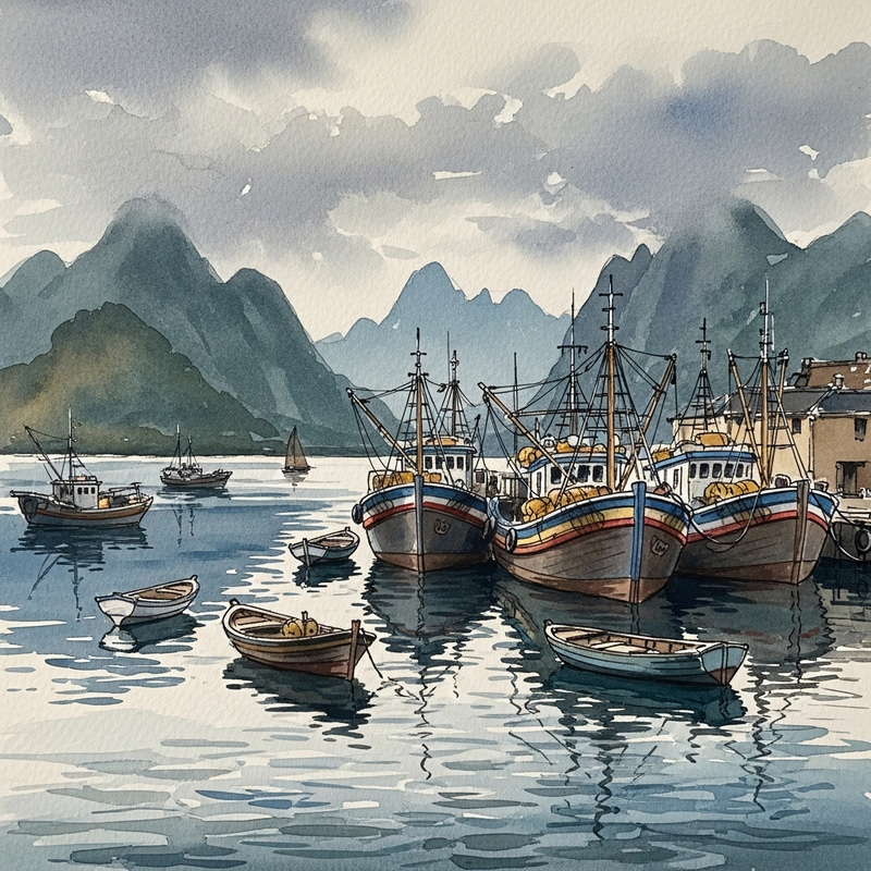 Watercolor Seascape with Fishing Boats and Port Watercolor Seascape with Fishing Boats and Port