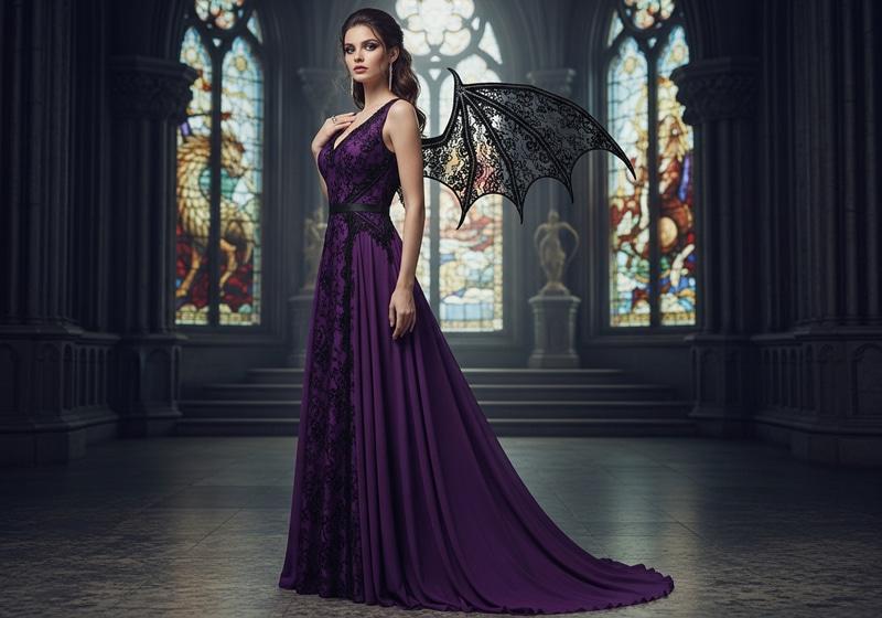 Purple Maxi Dress with Black Lace and Dragon Wings Purple Maxi Dress with Black Lace and Dragon Wings