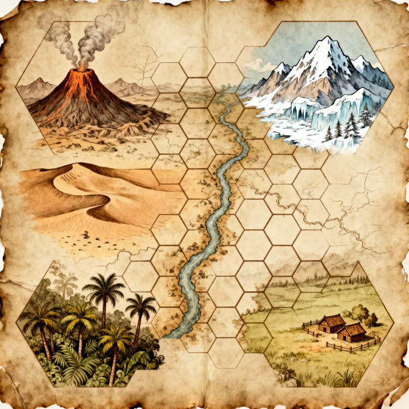 Fantasy Parchment Map with Unique Hexagon Overlay