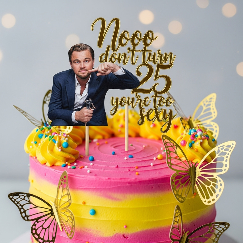 Pink Cake with Yellow Frosting & Leonardo DiCaprio Topper Pink Cake with Yellow Frosting & Leonardo DiCaprio Topper