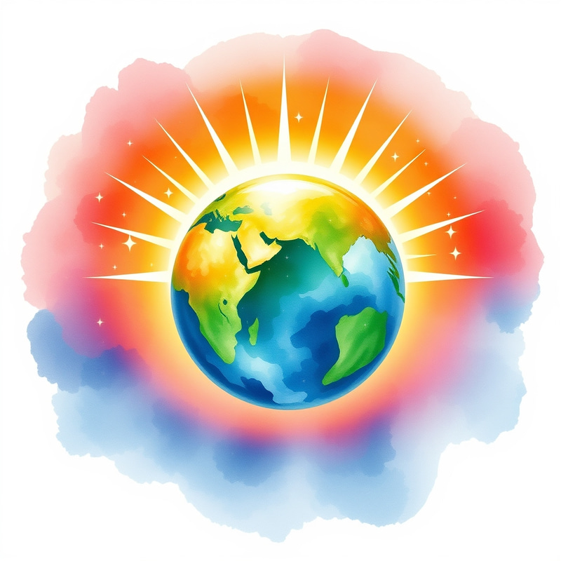 Vibrant Watercolor Illustration of Earth & Sun Rays Vibrant Watercolor Illustration of Earth & Sun Rays