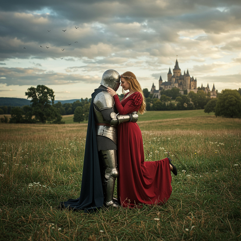 Romantic Knight and Princess in Oil Painting