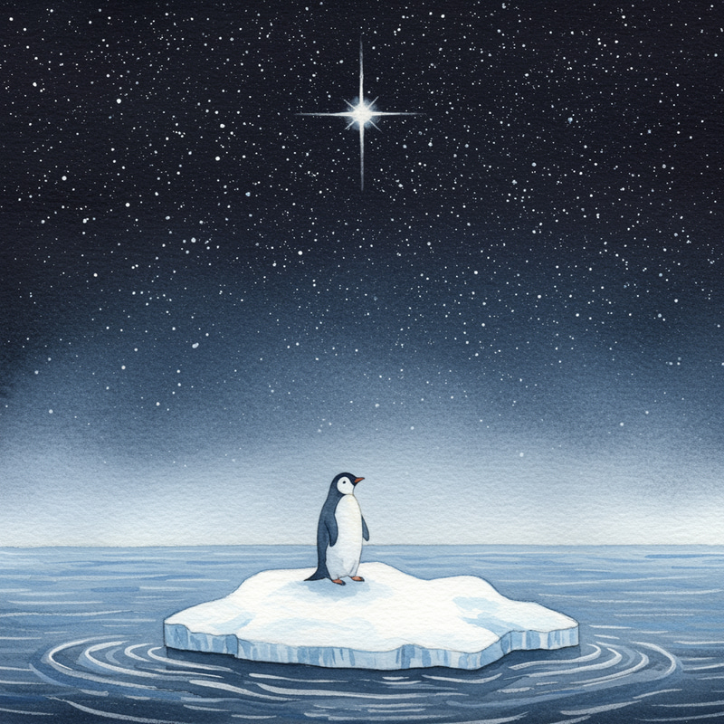 Watercolor Penguin on Ice Float at Night