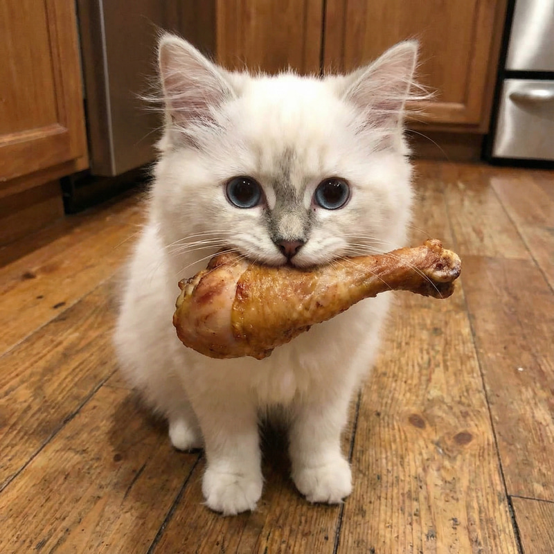 Adorable White Cat with Turkey Leg Adorable White Cat with Turkey Leg
