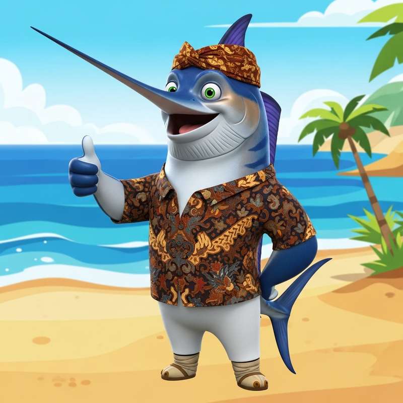 Animated Marlin Mascot in Batik and White Pants
