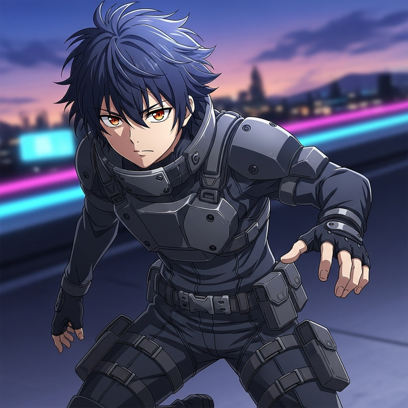 Tactical Anime Male Character with Dark Blue Hair