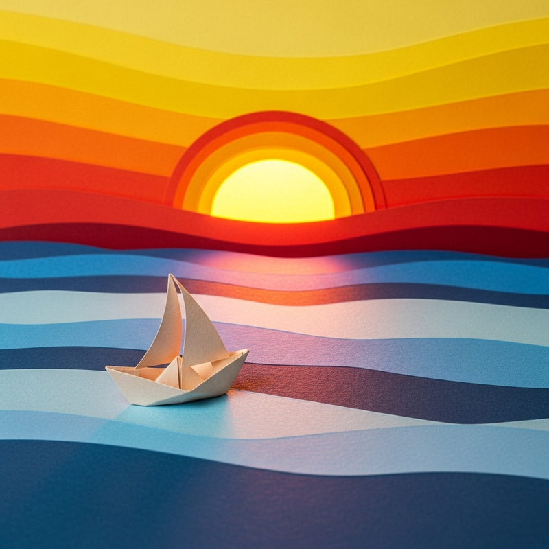 Paper Boat on a Paper Ocean with Sunset Art Paper Boat on a Paper Ocean with Sunset Art
