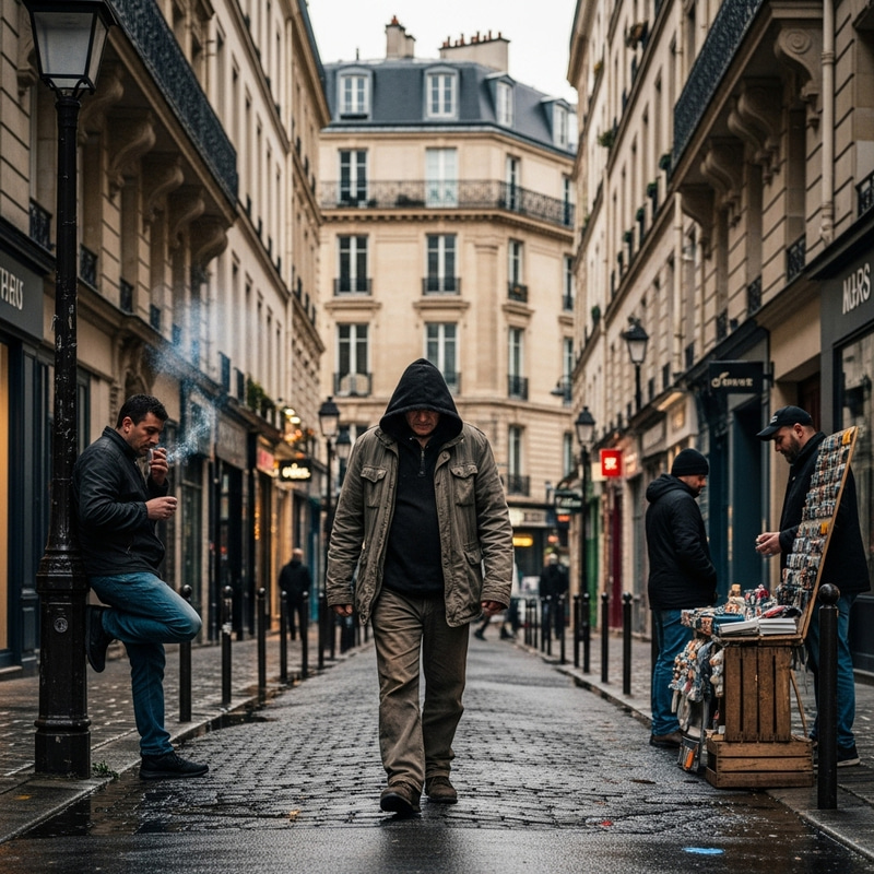 Mysterious Man in Hooded Jacket in French City
