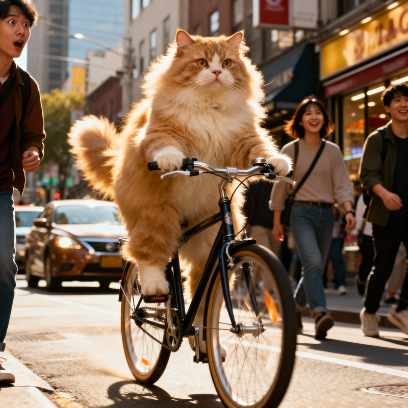 Fluffy Cat Riding Bicycle in City - Adorable Snapshot Fluffy Cat Riding Bicycle in City - Adorable Snapshot