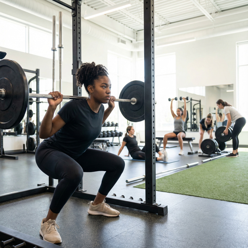 Black Teenage Volleyball Athlete Squatting in Gym Black Teenage Volleyball Athlete Squatting in Gym