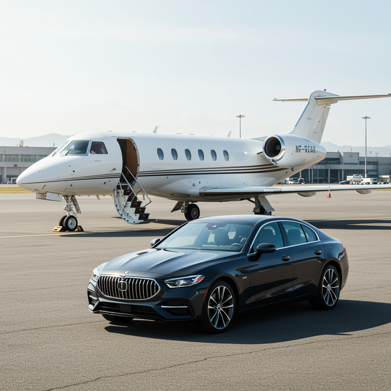 Car in Front of a White Private Jet Car in Front of a White Private Jet