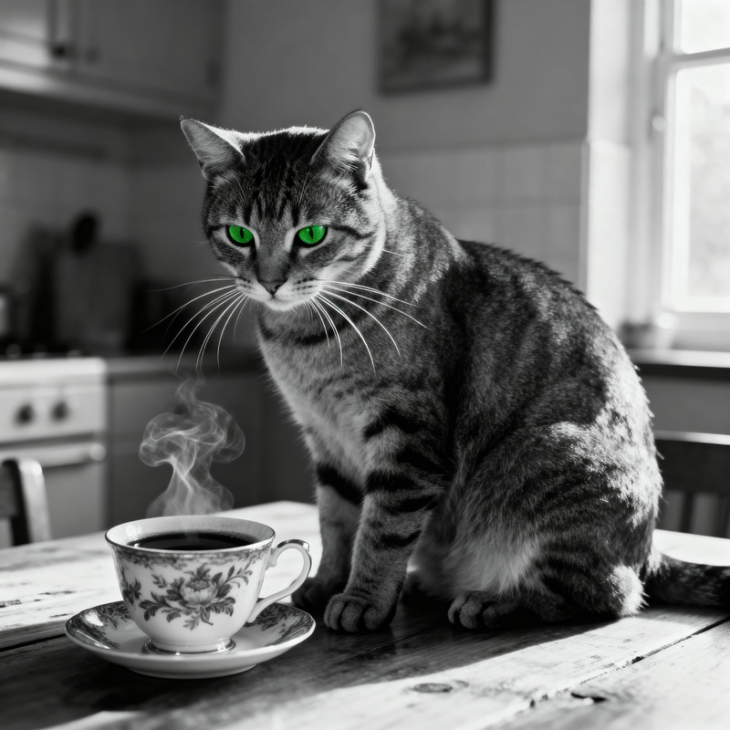 Curious Cat and Coffee Cup in Cozy Kitchen