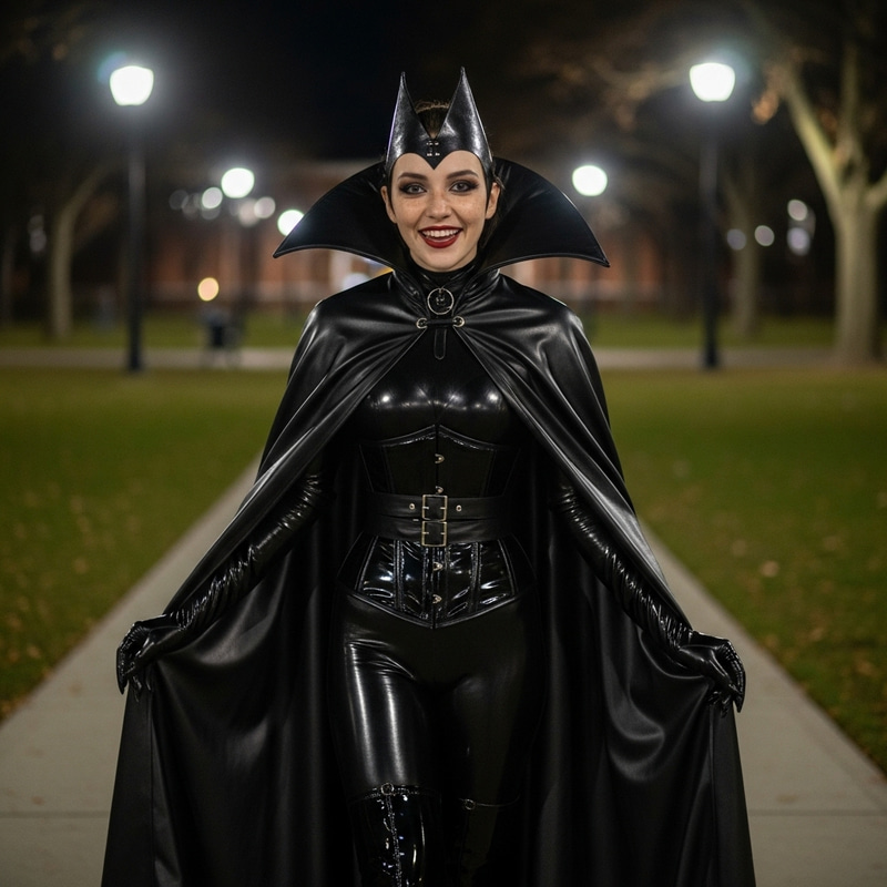 Cute University Student in Dracula Cape at Night Cute University Student in Dracula Cape at Night