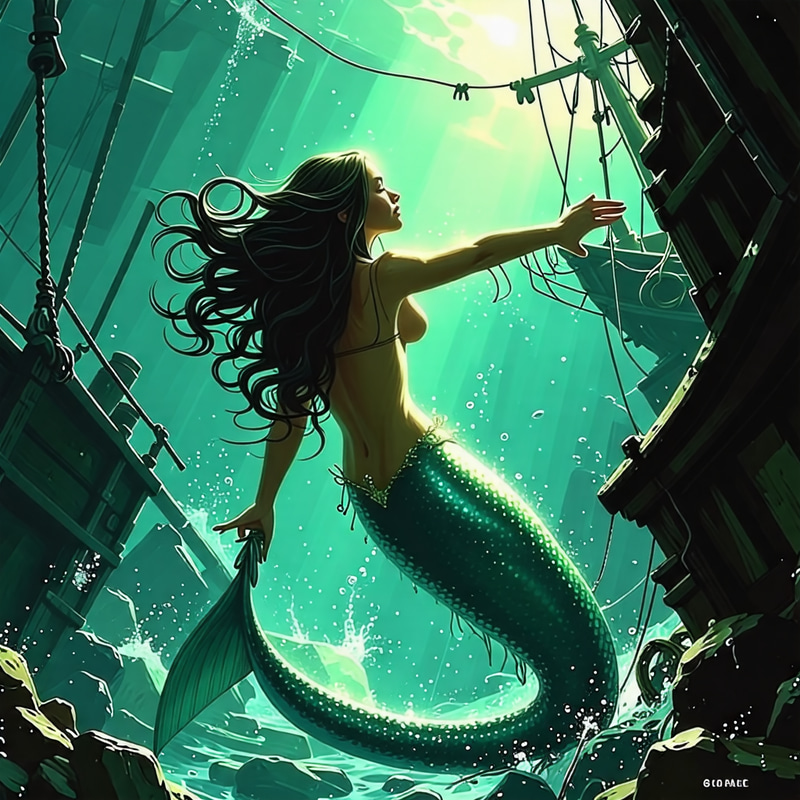 Mermaid Emerging from Sunken Shipwreck in Fantasy Illustration Mermaid Emerging from Sunken Shipwreck in Fantasy Illustration