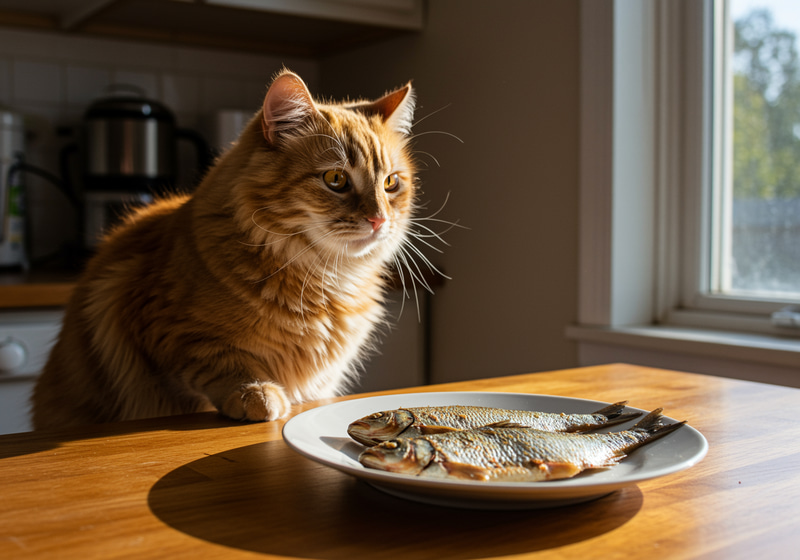 Excited Orange Cat Sees Fish Snack on Table Excited Orange Cat Sees Fish Snack on Table