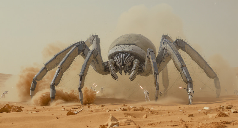 Giant Robotic Tarantula in Desert Action Scene