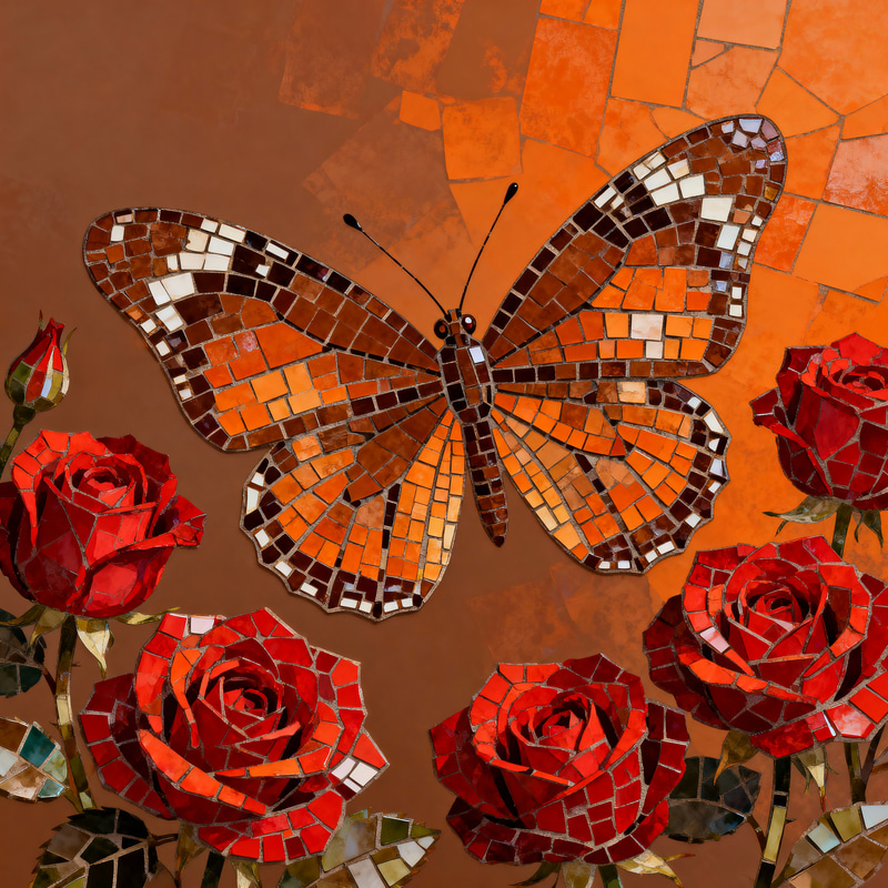 Mosaic Brown Butterfly with Red Roses Art