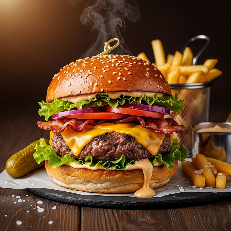 Gourmet Beef Burger on Rustic Table - Artisanal Photo