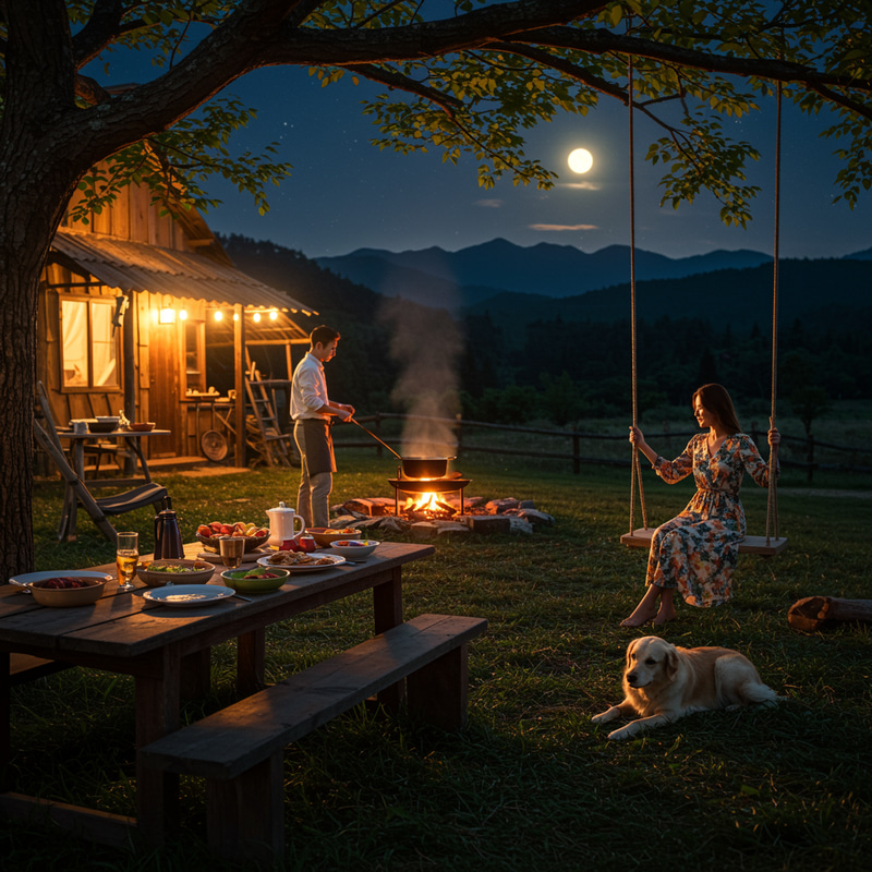 Idyllic Nighttime Outdoor Scene with Couple and Dog