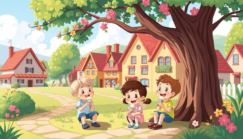 Playful Children Enjoying Ice Cream in a Village Playful Children Enjoying Ice Cream in a Village