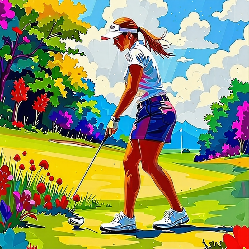 Colorful Female Golfer Playing Golf - Vibrant Scene Colorful Female Golfer Playing Golf - Vibrant Scene
