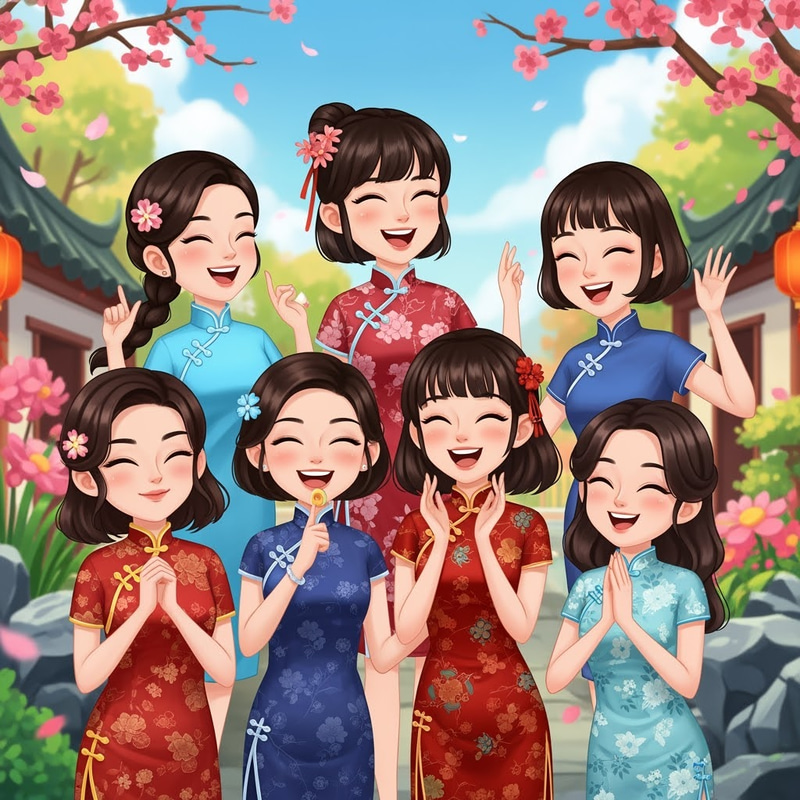 Happy Cartoon of 6 Chinese Cousin Sisters