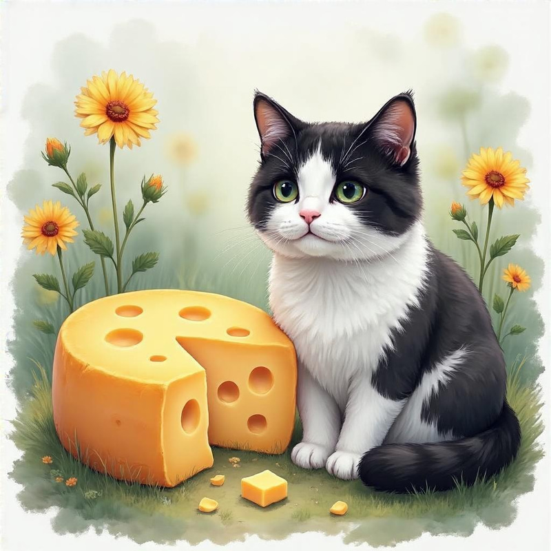 Charming White-Pawed Cheese Cat with Wildflowers Art Charming White-Pawed Cheese Cat with Wildflowers Art