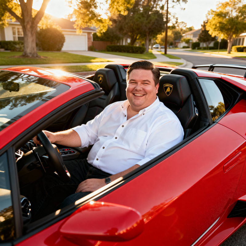 Jovial Man in a Red Lamborghini: A Portrait Jovial Man in a Red Lamborghini: A Portrait