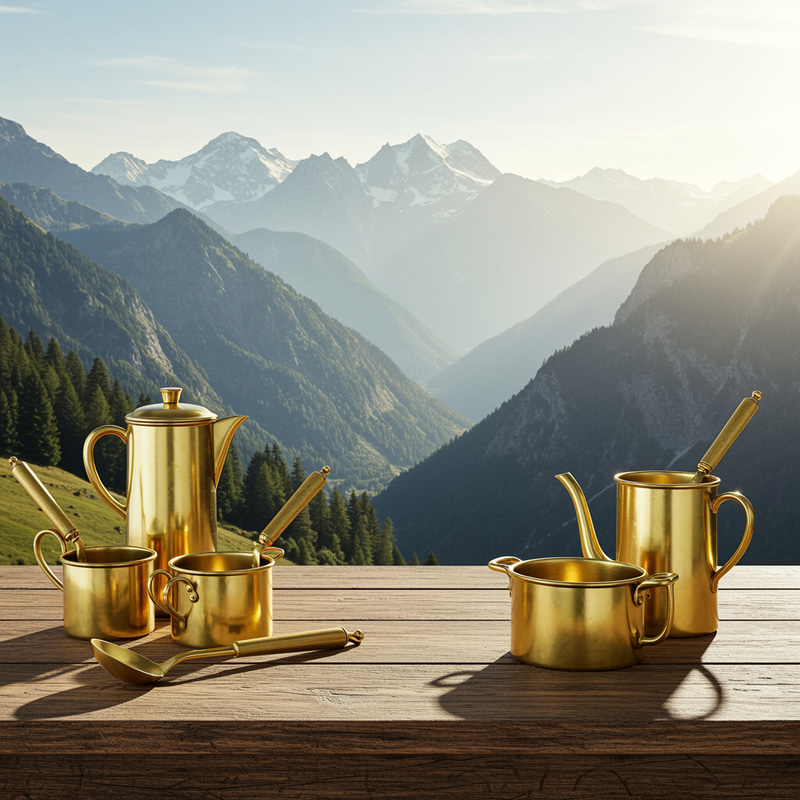 Brass Utensils in Majestic Mountain Scenery Brass Utensils in Majestic Mountain Scenery